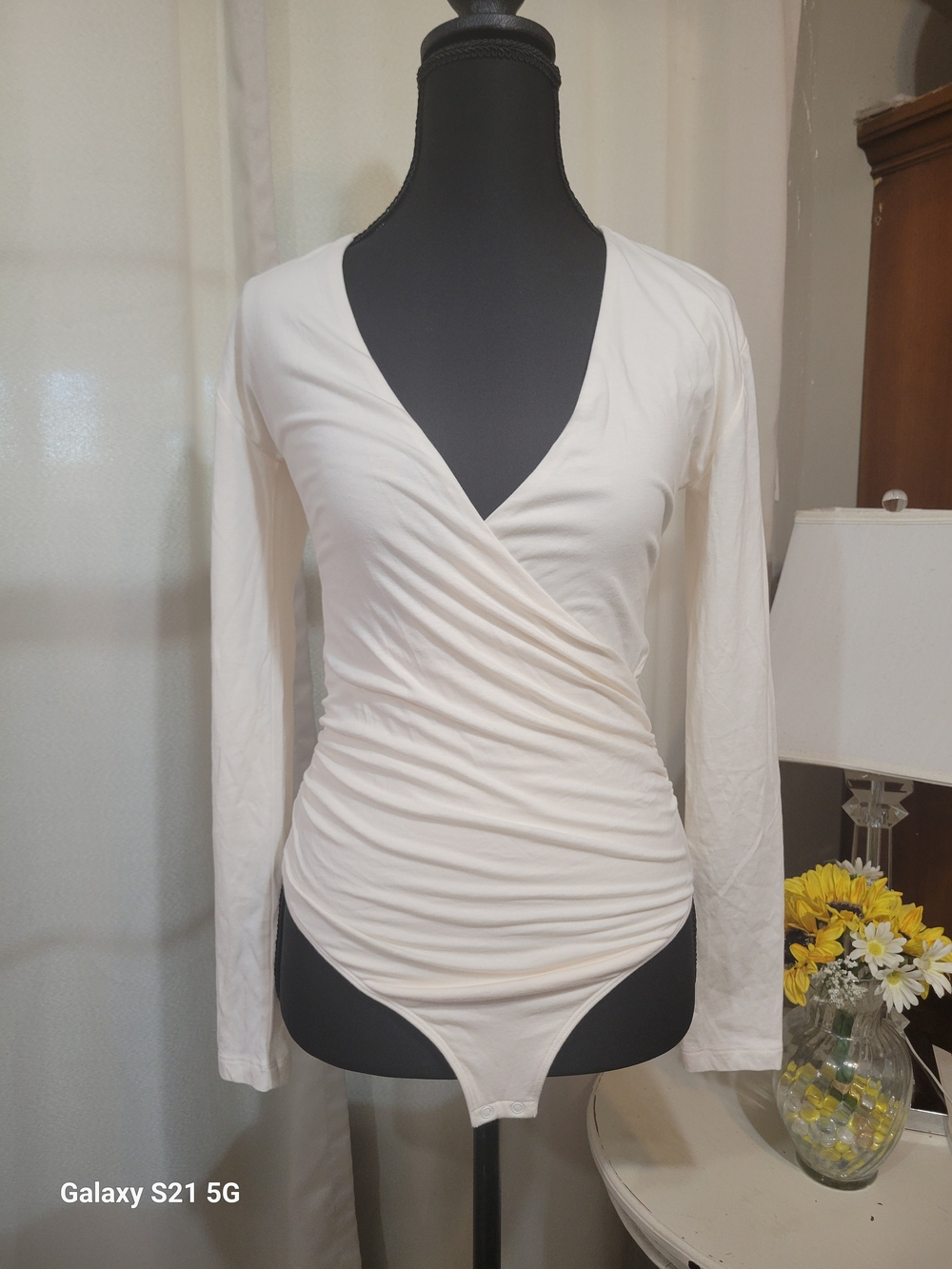 LOFT Cream Wrap-Front Long Sleeve Bodysuit